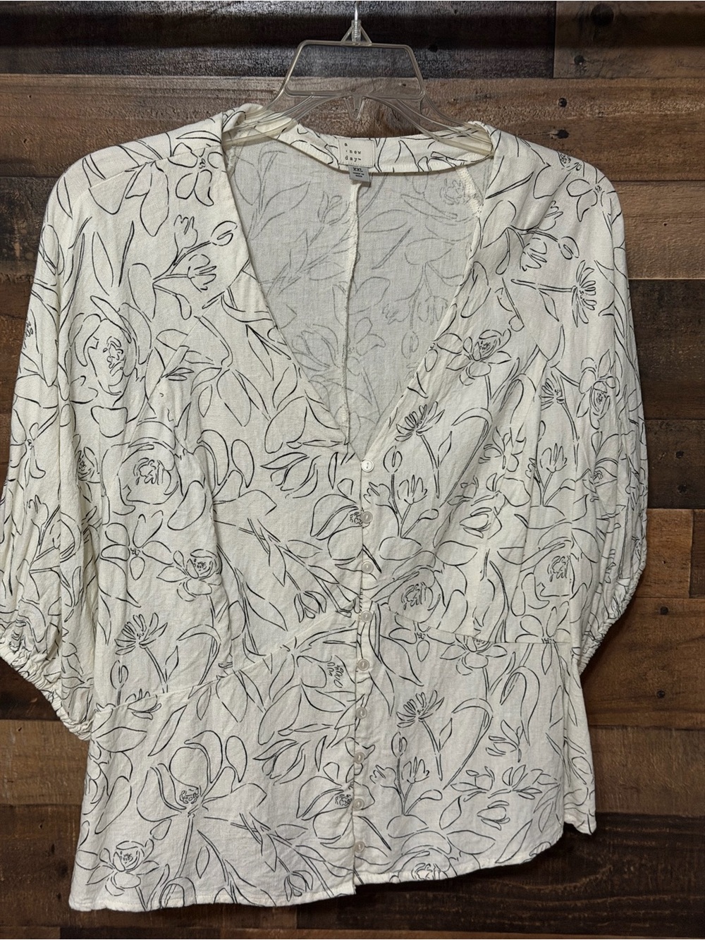 a new day White Blouse with Black Floral Sketch